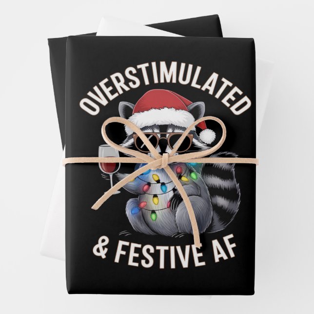 Overstimulated & Festive AF Racoon Espresso Lover Wrapping Paper Sheet (In situ)