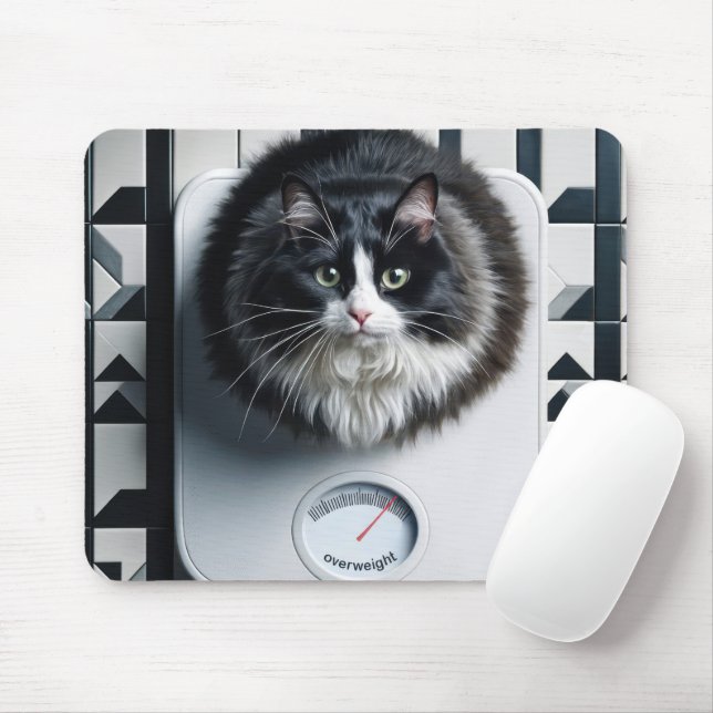 Overweight Tuxedo Cat On a Scale Mouse Pad (With Mouse)