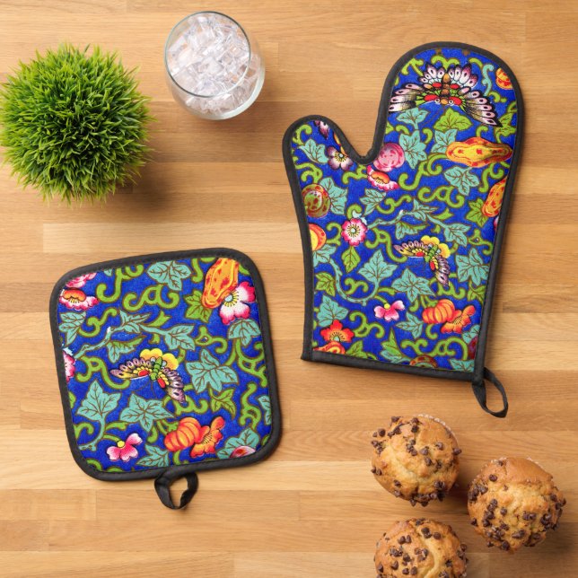 Owen Jones Antique Oriental Butterflies Oven Mitt & Pot Holder Set (Top Down)