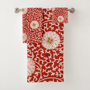 Owen Jones Chinese Ornament Red White Floral Bath Towel Set