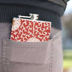 Owen Jones Chinese Ornament Red White Floral Hip Flask