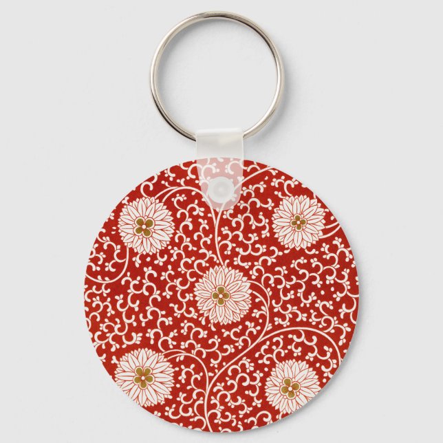 Owen Jones Chinese Ornament Red White Floral Key Ring (Front)