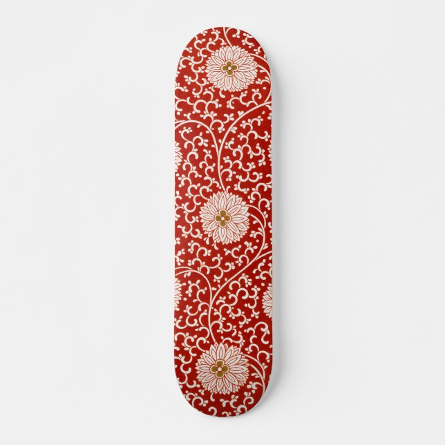 Owen Jones Chinese Ornament Red White Floral Skateboard (Front)