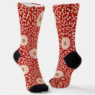 Owen Jones Chinese Ornament Red White Floral Socks