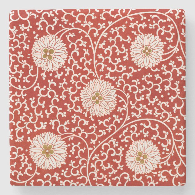 Owen Jones Chinese Ornament Red White Floral Stone Coaster (Front)