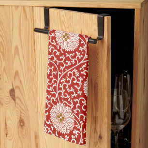 Owen Jones Chinese Ornament Red White Floral Tea Towel