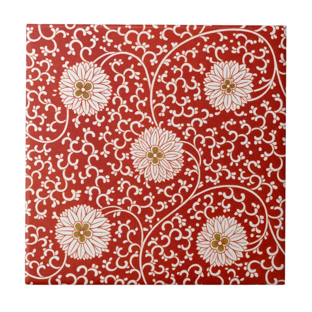 Owen Jones Chinese Ornament Red White Floral Tile (Front)