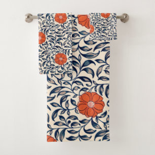 Owen Jones Red Orange Black Floral Pattern Vintage Bath Towel Set