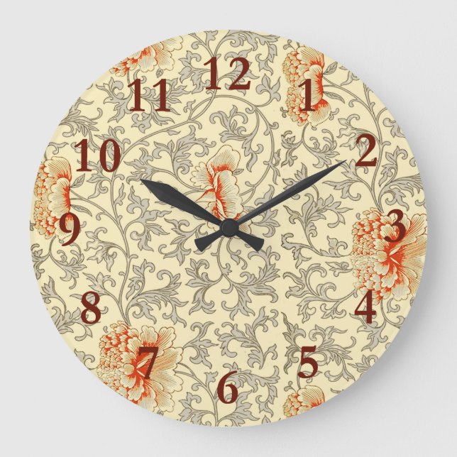 Owen Jones Vintage Pattern: Coral Floral Grey Large Clock (Front)