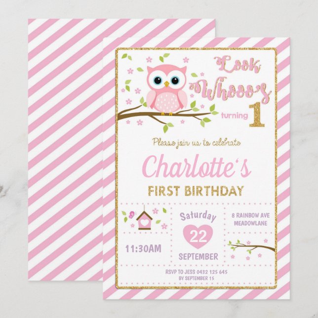 Owl 1st Birthday Invitation Girl Pink and Gold (Front/Back)