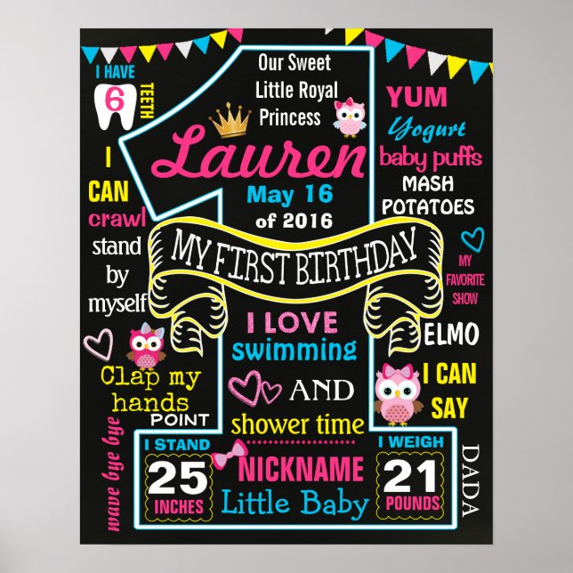 Owl 1st Birthday Party Chalkboard Sign poster (Front)