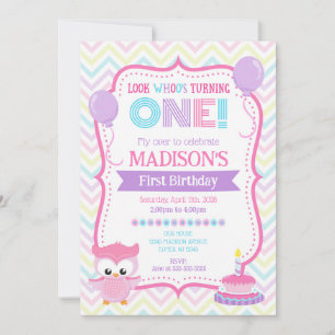 Owl 1st Birthday Party Invitation Girl Pink