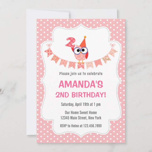 Owl 2nd Birthday Invitation Sweet Pink (Front)