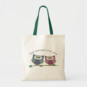 Owl always Love You, Pink and Blue Cute Owls Art Tote Bag