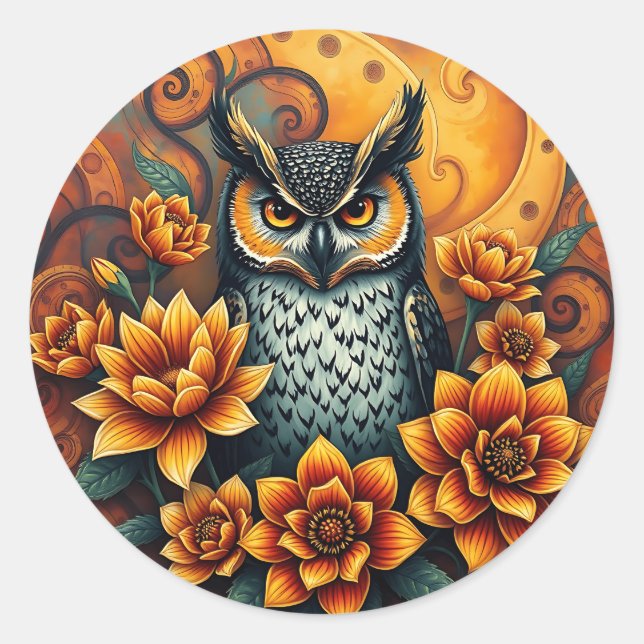 Owl Among Vibrant Flowers Classic Round Sticker (Front)