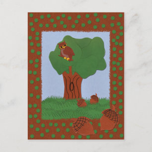 Owl and an Oak Tree Whimsical Cartoon Art Postcard
