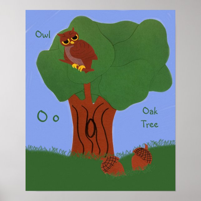 Owl and an Oak Tree Whimsical Cartoon Art Poster (Front)