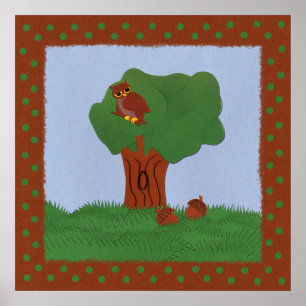 Owl and an Oak Tree Whimsical Cartoon Art Poster