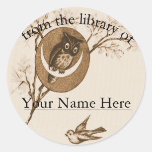 Owl and Bird Bookplate Classic Round Sticker