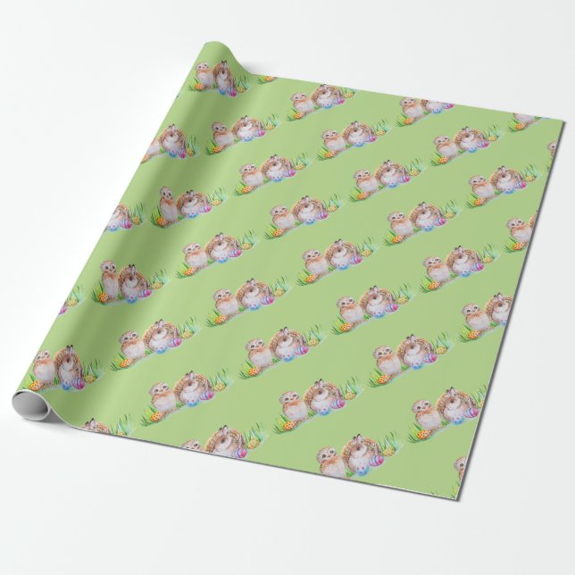 Owl and bunny Easter art Wrapping Paper (Unrolled)