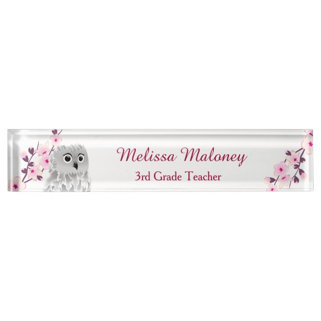 Owl And Cherry Blossom Pink White Teacher Nameplate (Front)
