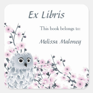 Owl And Cherry Blossoms Ex Libris Bookplate Square Sticker