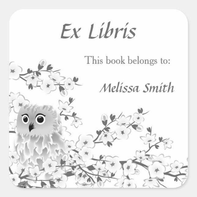 Owl And Cherry Blossoms Ex Libris Bookplate Square Sticker (Front)