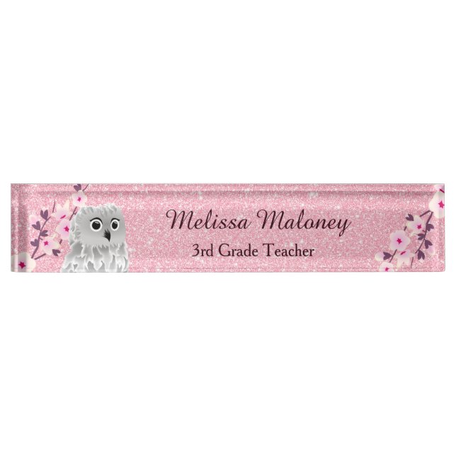 Owl And Cherry Blossoms Pink Glitter Nameplate (Front)