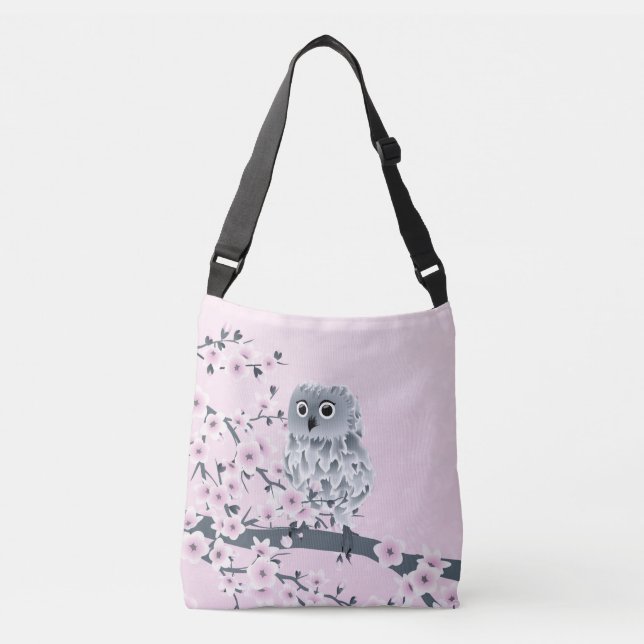 Owl And Cherry Blossoms Pink Grey Kids Crossbody Bag (Front)