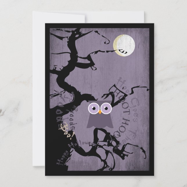 Owl and Creepy Gnarled Tree for Halloween Invitation (Front)