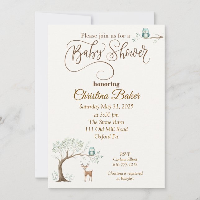 Owl and Deer Baby Shower Invitation (Front)
