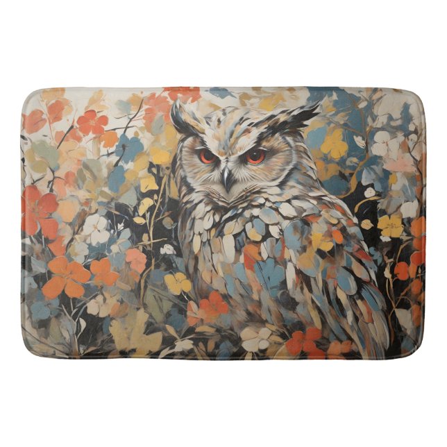 Owl and Flowers In Spring Painting Bath Mat (Front)