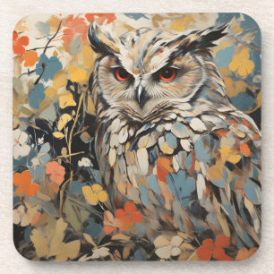 Owl and Flowers In Spring Painting Coaster