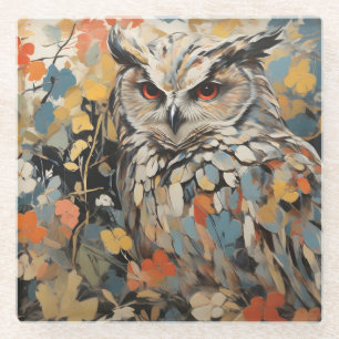 Owl and Flowers In Spring Painting Glass Coaster