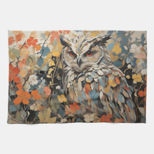 Owl and Flowers In Spring Painting Tea Towel