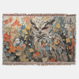 Owl and Flowers In Spring Painting Throw Blanket