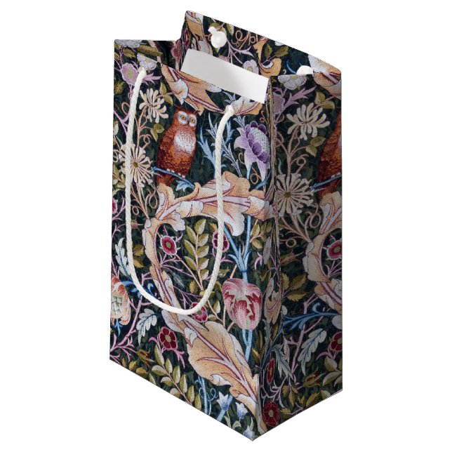 Owl and Flowers, William Morris Small Gift Bag (Front Angled)