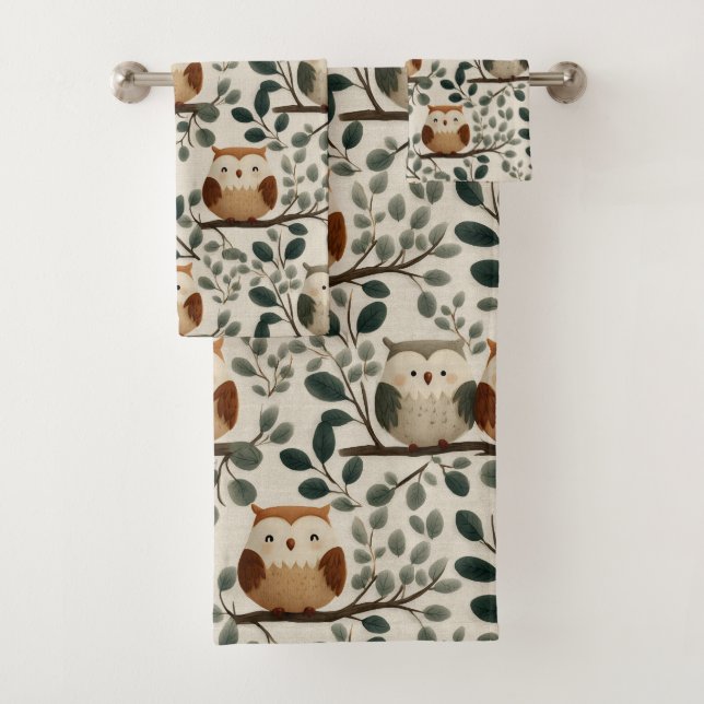 Owl and Forest Leaf Pattern Bath Towel Set (Insitu)