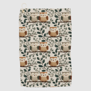 Owl and Forest Leaf Pattern Golf Towel