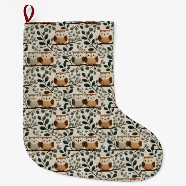 Owl and Forest Leaf Pattern Large Christmas Stocking (Front)
