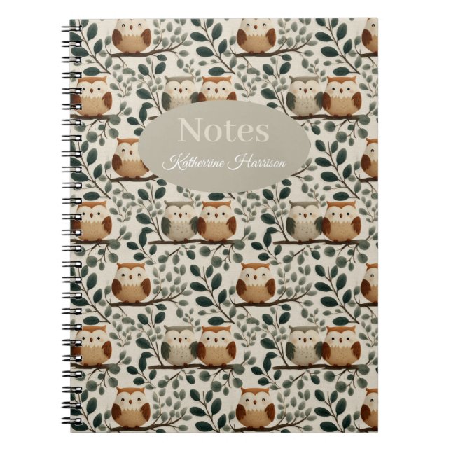 Owl and Forest Leaf Pattern Notebook (Front)