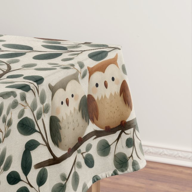Owl and Forest Leaf Pattern Tablecloth (In Situ)
