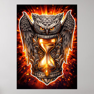 Owl and Hourglass – Hand-Drawn & Digital Art Poster