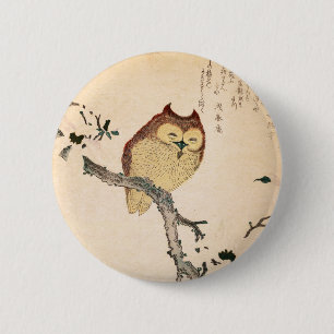 Owl and magnolia – Kobushi ni mimizuku 6 Cm Round Badge