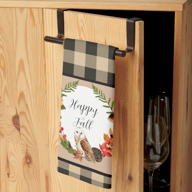 Owl and nature with customisable text  tea towel (Thirds Fold)