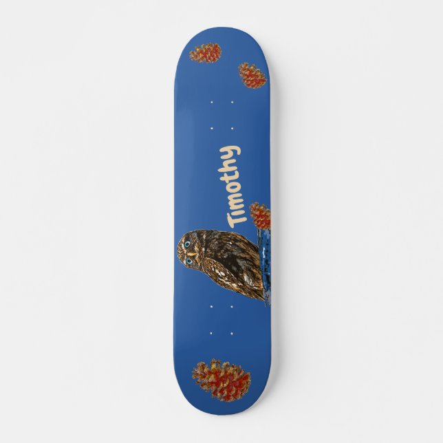 Owl and pine cones on a blue background skateboard (Front)