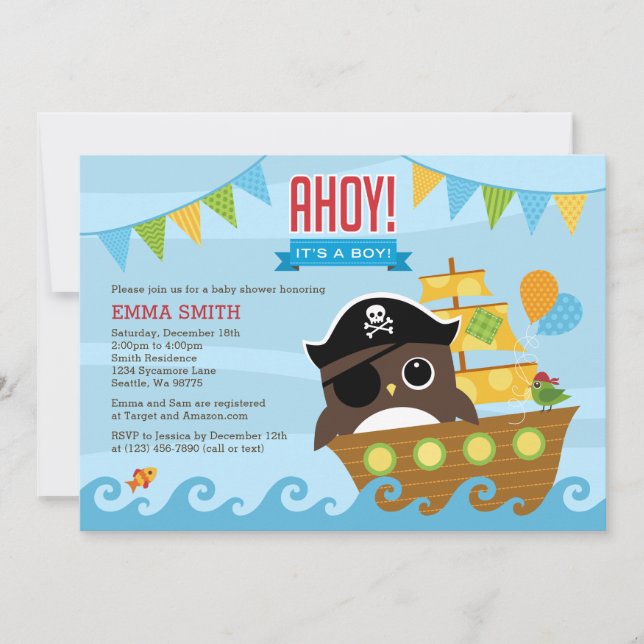 Owl and Pirate Ship Boy Baby Shower Invitation (Front)