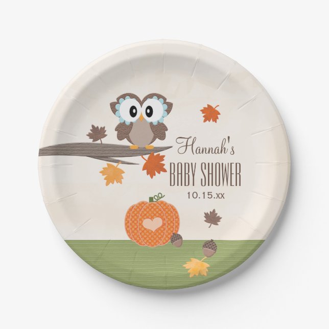 Owl and Pumpkin Fall Baby Shower Paper Plate (Front)
