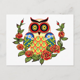 Owl and Roses Mexican style Postcard