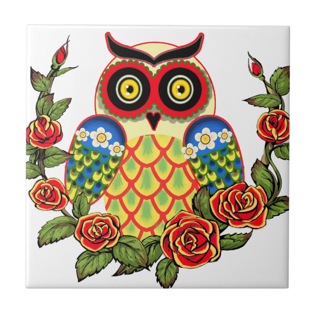 Owl and Roses Mexican style Tile (Front)